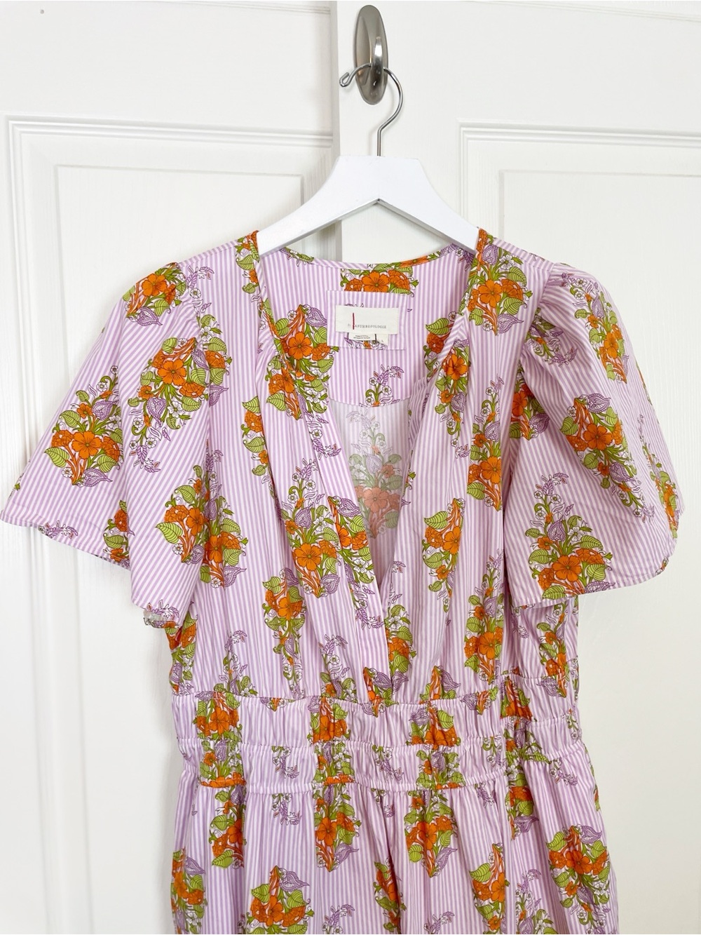 Anthropologie Somerset Lavender Stripe Floral Mini Dress Cotton Poplin Sz L - Picture 3 of 11
